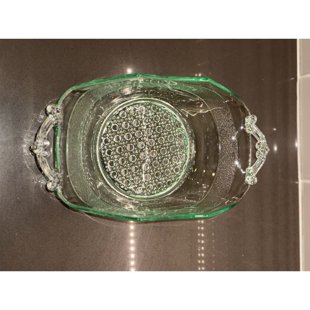 Vintage Green Depression Glass Bowl, Cane Pattern Bottom